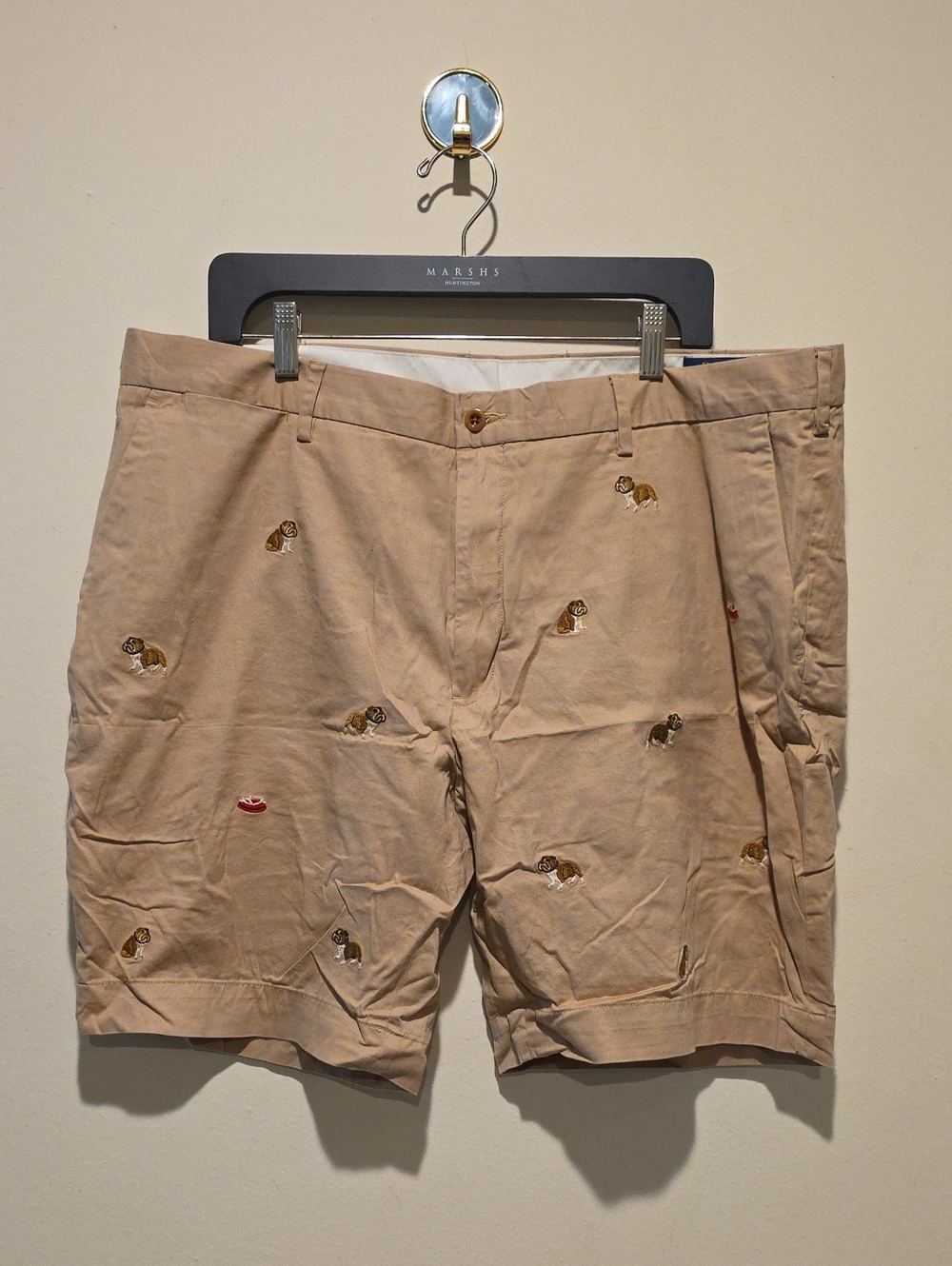 Polo by Ralph Lauren Beige Embroidered Cotton Flat Front Shorts Size 40 Bulldogs